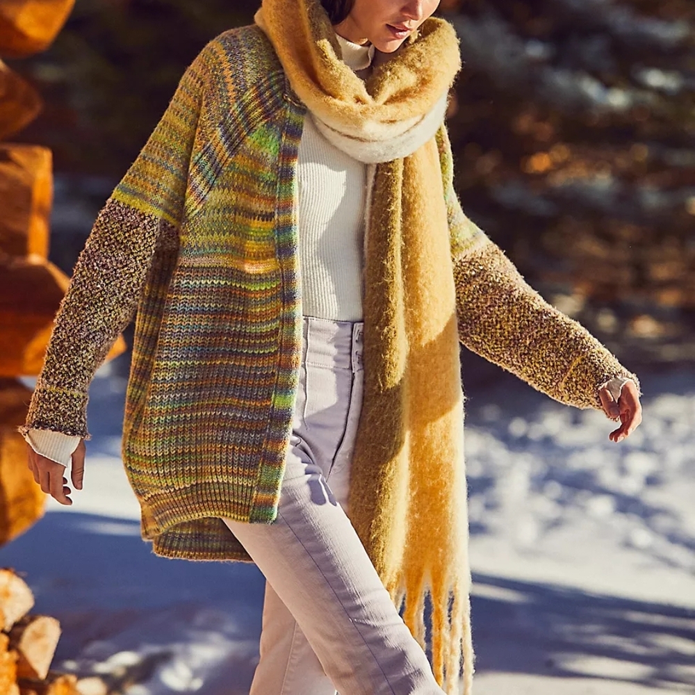 Free People Chocolate Lime Combo Sedona Cardi Sweater Size Med NWT - Picture 4 of 14